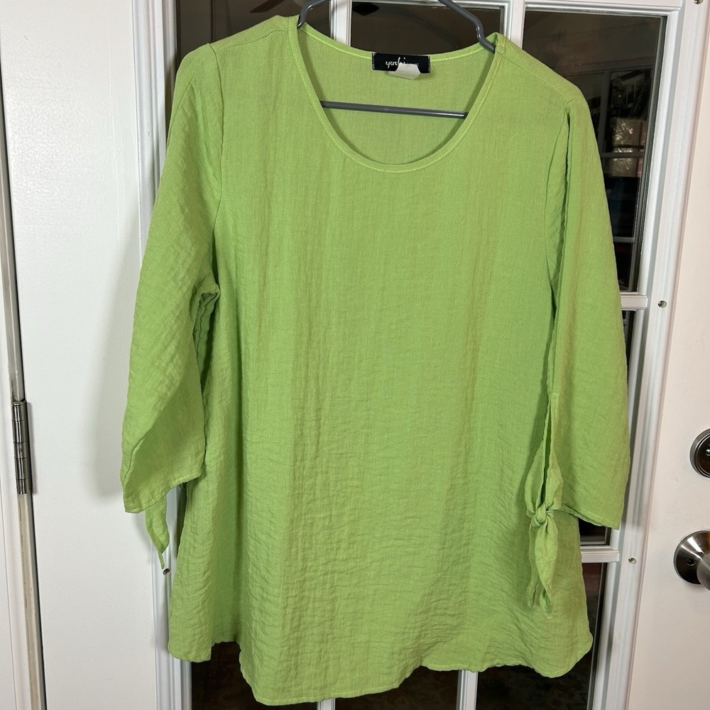 Yushi Lime Green Linen Blend Tie Sleeve Tunic Top Scoop Neck Size Small